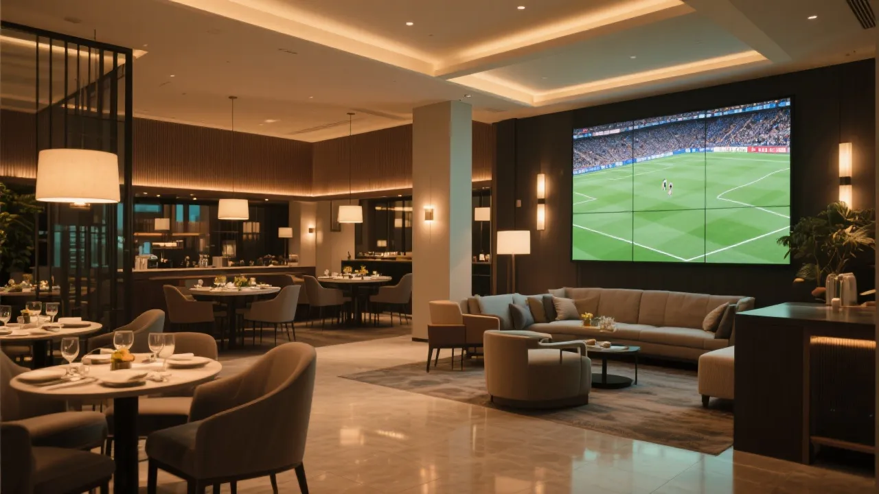 酒店大堂与餐厅联动的赛事主题布置，展示住宿餐饮复合变现与观赛活动场景
