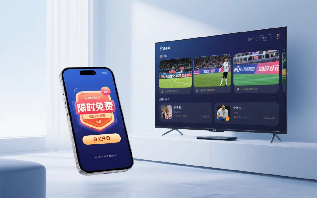 手机与电视同屏显示赛事直播与集锦卡片，界面上标注限时免费与会员升级选项